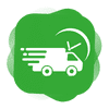 Ícono de envío rápido con diseño de camión blanco y fondo verde.