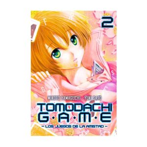 Portada del manga Tomodachi Game tomo 2 de Mikoto Yamaguchi y Yuki Sato, mostrando a la protagonista con una expresión seria y cartas en el fondo