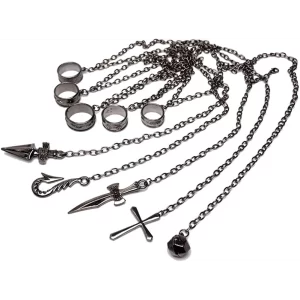 Pulsera negra de Hunter x Hunter con dijes metálicos de símbolos y personajes.