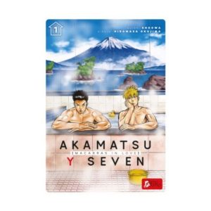 Dos hombres en un baño termal, portada del manga "Akamatsu y Seven" de Shoowa.