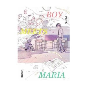 Portada de "Boy Meets Maria" de Peyo, mostrando a dos adolescentes en un aula con una atmósfera onírica y objetos flotando a su alrededor.