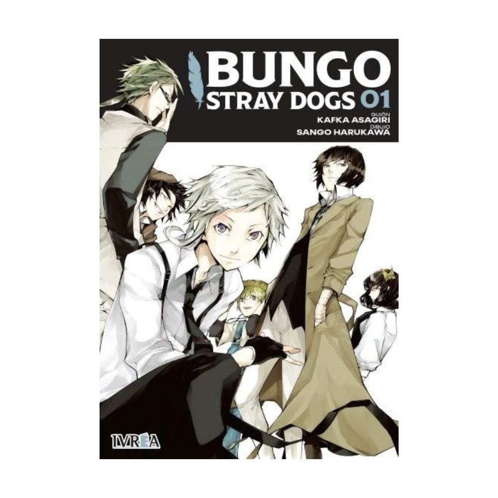 Portada del manga "Bungo Stray Dogs" Vol. 1 de Kafka Asagiri y Sango Harukawa, mostrando al protagonista Atsushi Nakajima junto a otros personajes.