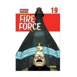 Portada del manga Fire Force Volumen 19 de Atsushi Ohkubo, mostrando un personaje con una llama en la cabeza frente a un gran edificio.