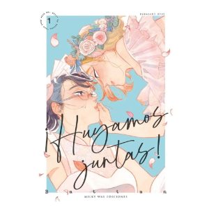 Portada de ¡Huyamos juntas! Vol. 1, de Battan, mostrando a dos chicas a punto de besarse, rodeadas de pétalos de flores.