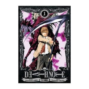 Manga "Death Note" volumen 1 de Tsugumi Ohba y Takeshi Obata, con Light Yagami sosteniendo una guadaña y el shinigami Ryuk al fondo.