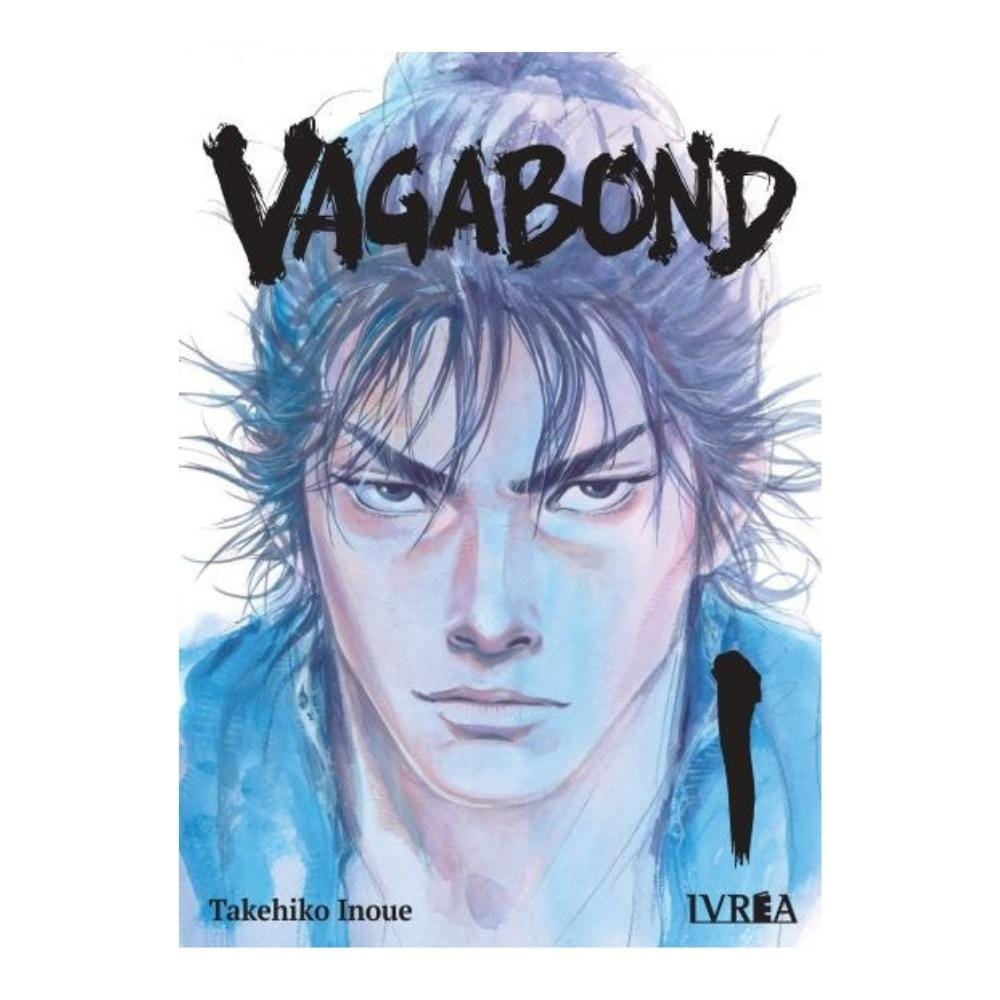 Portada del manga "Vagabond" volumen 1 de Takehiko Inoue, mostrando el intenso rostro de Miyamoto Musashi en una paleta de tonos azules.