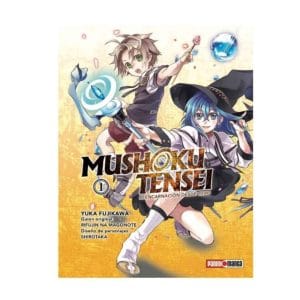 Rudeus y Roxy listos para el combate en la portada de Mushoku Tensei Vol. 1.