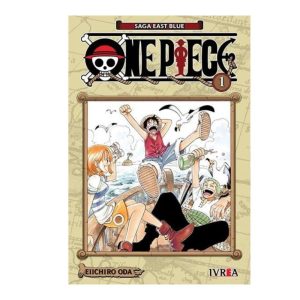 Luffy, Zoro y Nami celebrando en la cubierta en la portada de One Piece Volumen 1, Saga East Blue.