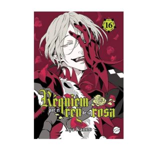 Portada del manga "Réquiem por el Rey de la Rosa" Volumen 16, personaje sonriendo en fondo rojo.