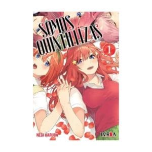 Portada del manga "Somos Quintillizas" volumen 1, mostrando a las hermanas quintillizas con expresiones alegres, rodeadas de pétalos de rosa.