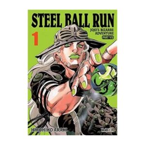 Portada del manga "Steel Ball Run" Vol. 1 de Hirohiko Araki, mostrando a Gyro Zeppeli sosteniendo una esfera metálica sobre un fondo verde.