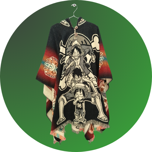 Poncho de One Piece con diseño de Luffy en diferentes etapas en tonos negros y rojos. Panda Mangas