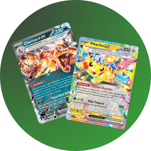 Cartas Pokémon holográficas de Charizard EX y Pikachu EX. Panda Mangas