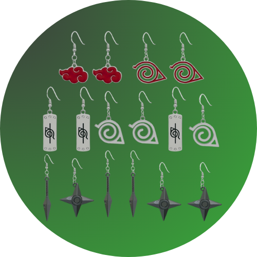 Aretes inspirados en Naruto con diseños de Akatsuki, kunai y Aldea de la Hoja. Panda Mangas