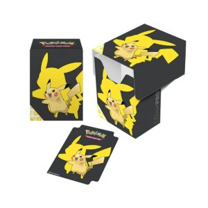 Caja para deck Pokémon con diseño de Pikachu en negro, ideal para proteger cartas TCG.