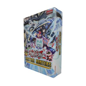 Caja de Yu-Gi-Oh! TCG Justice Hunters con arte de personajes estilo anime en tonos azules y blancos.