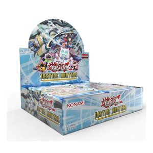 Expositor Booster Box de Yu-Gi-Oh! Justice Hunters abierto con sobres de cartas coleccionables.