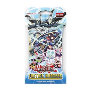 Sobre individual de Yu-Gi-Oh! Justice Hunters con arte de personajes anime y fondo azul.
