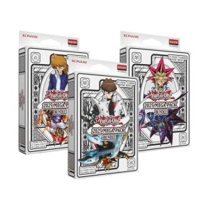Tres cajas de Yu-Gi-Oh! 2025 Mega-Pack Bundle con Joey Wheeler, Seto Kaiba y Yugi Muto.