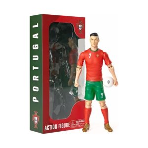Figura articulada de Cristiano Ronaldo con uniforme de Portugal, balón y caja de colección Socker.