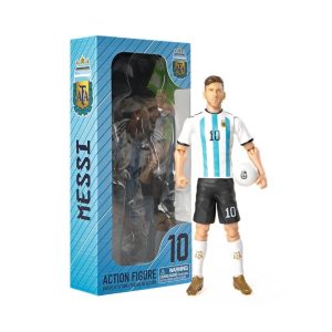 Figura articulada de Lionel Messi con uniforme de Argentina, balón y caja de colección Socker.