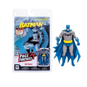 Figura de acción Batman DC Page Punchers de McFarlane Toys con cómic incluido y traje gris y azul.