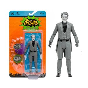 Figura de acción The Joker Classic TV Series de McFarlane Toys en escala de grises con empaque retro.