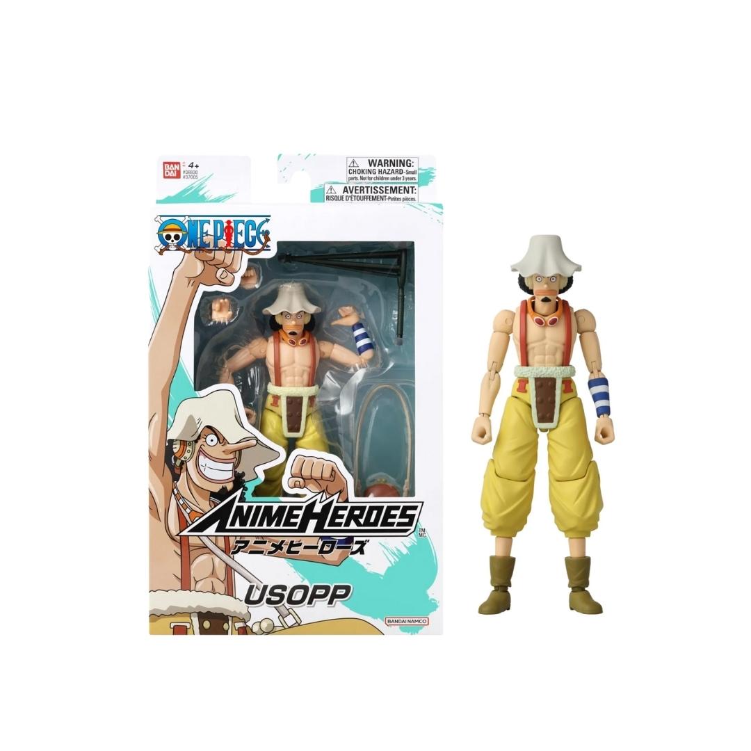 Figura Usopp Anime Heroes de Bandai Namco de One Piece en caja y exhibida.