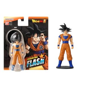 Figura Son Goku de Dragon Ball Flash Bandai en su empaque y exhibida sobre base negra circular.