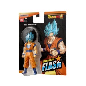 Figura Super Saiyan Blue Goku de Dragon Ball Flash Bandai en empaque y fuera de caja con base.