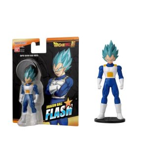 Figura Super Saiyan Blue Vegeta de Dragon Ball Flash Bandai en empaque y exhibida con base negra.