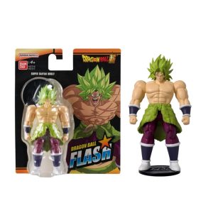 Figura Super Saiyan Broly de Dragon Ball Flash Bandai en empaque y exhibida sobre base negra.