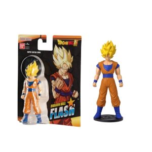 Figura articulada de Super Saiyan Goku serie Dragon Ball Flash de Bandai en su empaque y exhibida.
