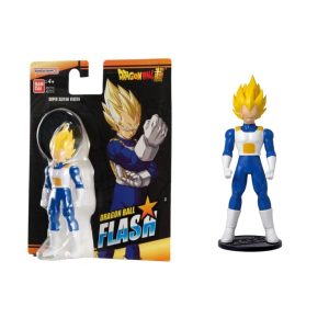 Figura Super Saiyan Vegeta de Dragon Ball Flash Bandai en caja y fuera de empaque con base.