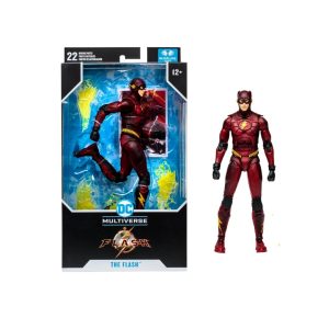Figura The Flash Ezra Miller DC Multiverse McFarlane Toys con rayos amarillos.