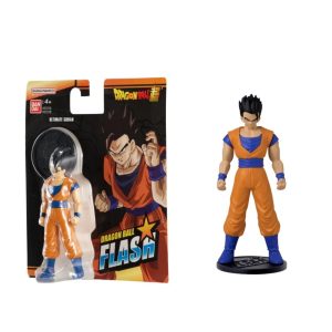 Figura Ultimate Gohan de Dragon Ball Flash Bandai en empaque y fuera de caja sobre peana negra.
