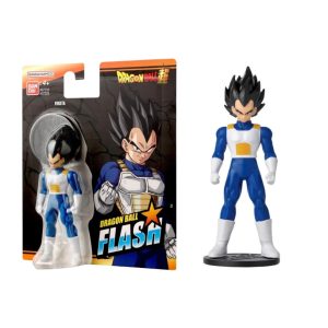 Figura Vegeta de Dragon Ball Flash Bandai en empaque y fuera de caja sobre base negra.