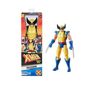 Figura de acción Wolverine X-Men '97 Titan Hero Series de Hasbro con garras extendidas y empaque.