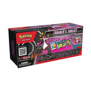 Caja Pokémon Trainer's Toolkit 2025 con carta de Fezandipiti ex, fundas, dados y sobres de refuerzo.