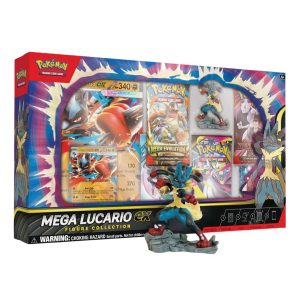 Mega Lucario ex Figure Collection de Pokémon TCG con figura detallada, carta promo y sobres de expansión.
