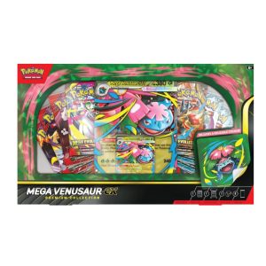 Caja Mega Venusaur ex Premium Collection con carta gigante, sobres de refuerzo y pegatina reutilizable.