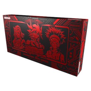 Caja roja y negra de Yu-Gi-Oh! Legendary 5D's Decks con Yusei Fudo, Jack Atlas y Akiza Izinski.