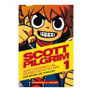 Portada del cómic Scott Pilgrim Volumen 1 en español, edición a color de Bryan Lee O'Malley con fondo amarillo.