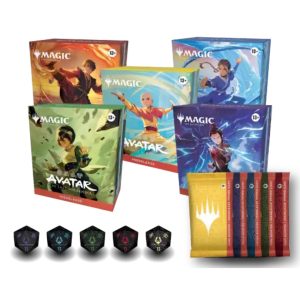 Packs de Prerrelease de Magic The Gathering Avatar The Last Airbender con dados y sobres promo.