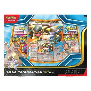 Caja Pokemon Mega Kangaskhan ex Box con carta gigante, carta promo lenticular y cuatro paquetes de mejora.