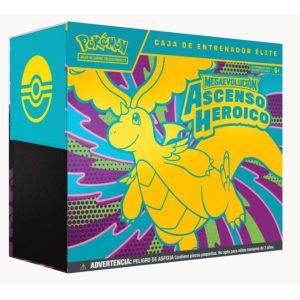 Caja de Entrenador Élite Pokémon TCG Megaevolución Ascenso Heroico con diseño de Dragonite en amarillo y azul.