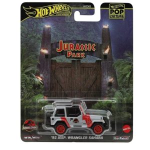 Hot Wheels Premium Jurassic Park Jeep Wrangler Sahara '92 con llantas Real Riders en empaque Pop Culture.