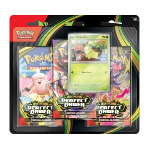 Blíster de Pokémon TCG Perfect Order con 3 sobres y una carta promocional de Chikorita tipo planta.