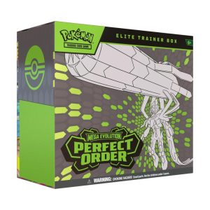Caja Elite Trainer Box de Pokémon TCG Mega Evolution Perfect Order con diseño de Zygarde Forma Completa en verde y gris.