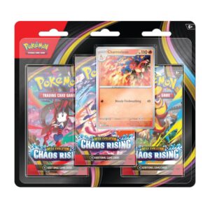 Blíster de Pokémon TCG Chaos Rising con tres sobres de expansión y una carta promocional de Charmeleon.